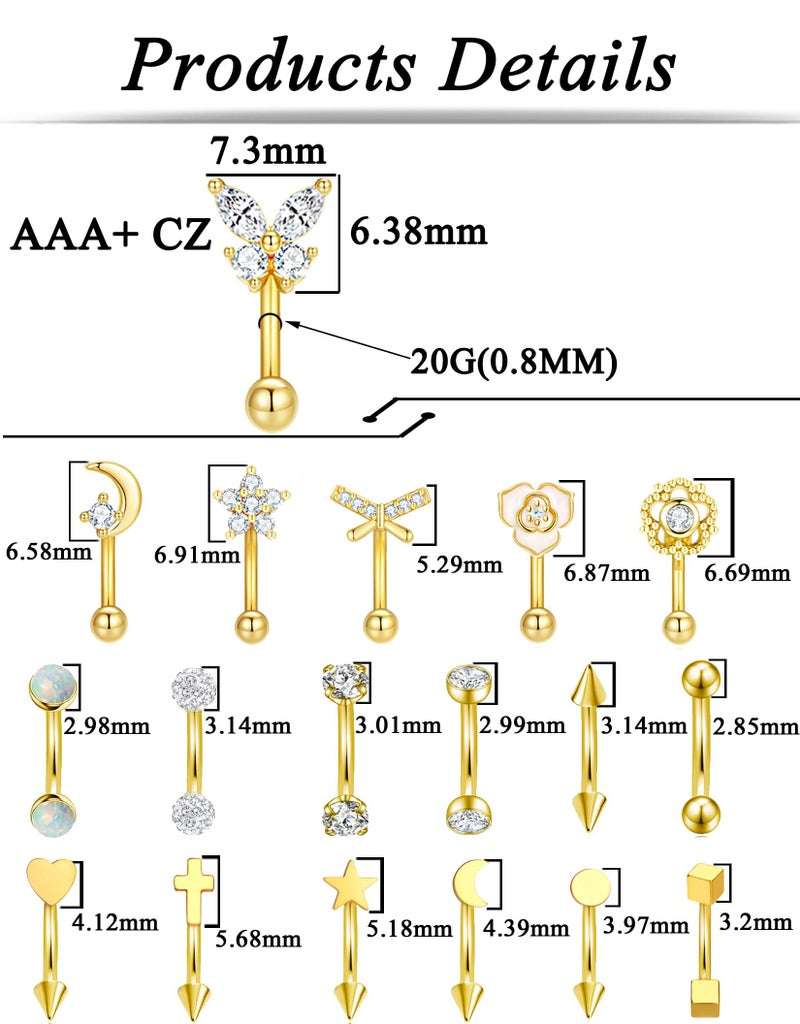 Tornito 18Pcs Eyebrow Piercing Jewelry 16G Surgical Steel Curved Barbell Eyebrow Rings Butterfly Moon Vertical Labret Monroe Lip Belly Button Rook Daith Tragus Earrings for Women Men Gold 10mm - Image 2