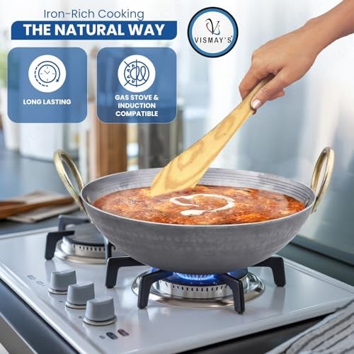 VISMAY'S 1.5 Litre 10.25 Inch Food Grade Iron Kadai India’s 1st Smooth Edge kadhai Strong Riveted Handle Traditional Frying Pan Wok Hammered Heavy Base Metal Spoon Friendly Works on Gas and Induction - Image 5