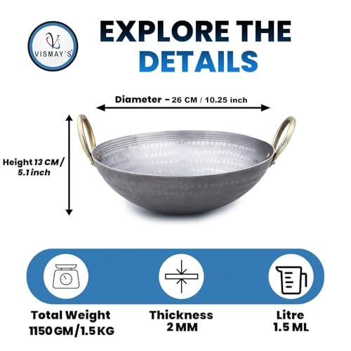 VISMAY'S 1.5 Litre 10.25 Inch Food Grade Iron Kadai India’s 1st Smooth Edge kadhai Strong Riveted Handle Traditional Frying Pan Wok Hammered Heavy Base Metal Spoon Friendly Works on Gas and Induction - Image 3
