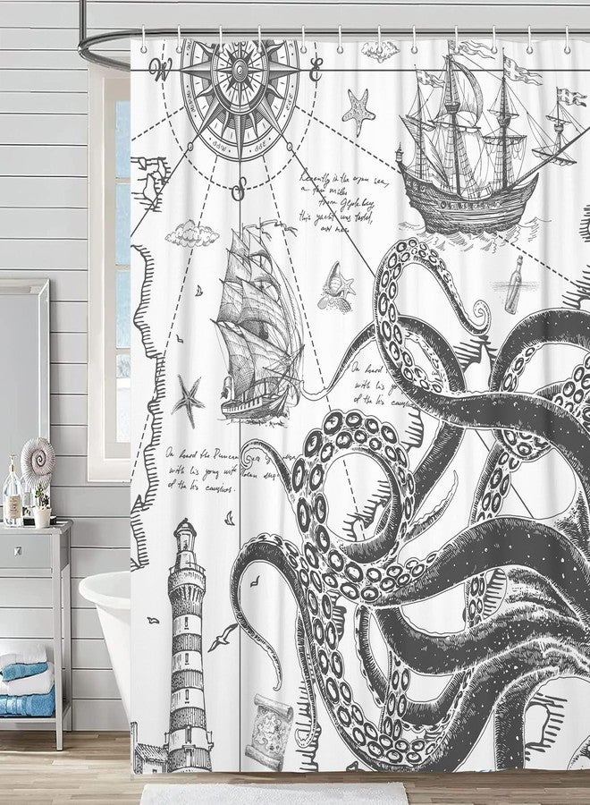 VEIGIKE Funny Nautical Octopus Shower Curtain, Cool Coastal Ocean Beach Fabric Shower Curtains Set for Mens Boys Kids Bathroom Decorative, Fun Grey Beachy Restroom Decor Accessories 72X 72 Inch - Image 1