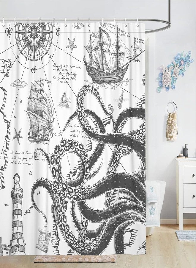 VEIGIKE Funny Nautical Octopus Shower Curtain, Cool Coastal Ocean Beach Fabric Shower Curtains Set for Mens Boys Kids Bathroom Decorative, Fun Grey Beachy Restroom Decor Accessories 72X 72 Inch - Image 2