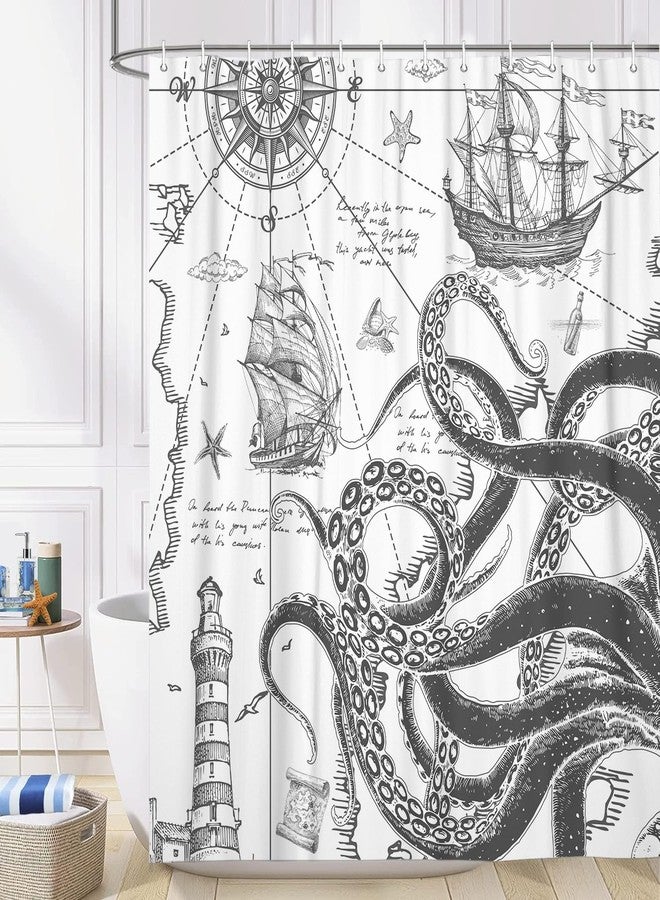 VEIGIKE Funny Nautical Octopus Shower Curtain, Cool Coastal Ocean Beach Fabric Shower Curtains Set for Mens Boys Kids Bathroom Decorative, Fun Grey Beachy Restroom Decor Accessories 72X 72 Inch - Image 3