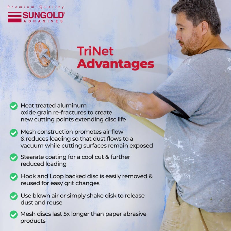 Sungold Abrasives 91-875-100 Trinet Mesh 100 Grit Hook & Loop Stearated Aluminum Oxide Sanding Discs for Drywall Sanders, 10 Pack, 9" - Image 3