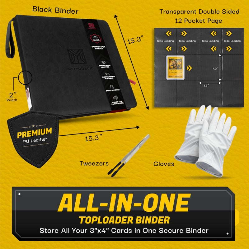 MEIYODECK Toploader Binder | Holds 384 Toploaders | 12-Pocket | Ringless Double-Sided Pockets | Includes Collector Tweezers & Gloves | Premium Top Loader Binder for Trading Cards, Pokemon, Yu-Gi-Oh & TCG - Image 4