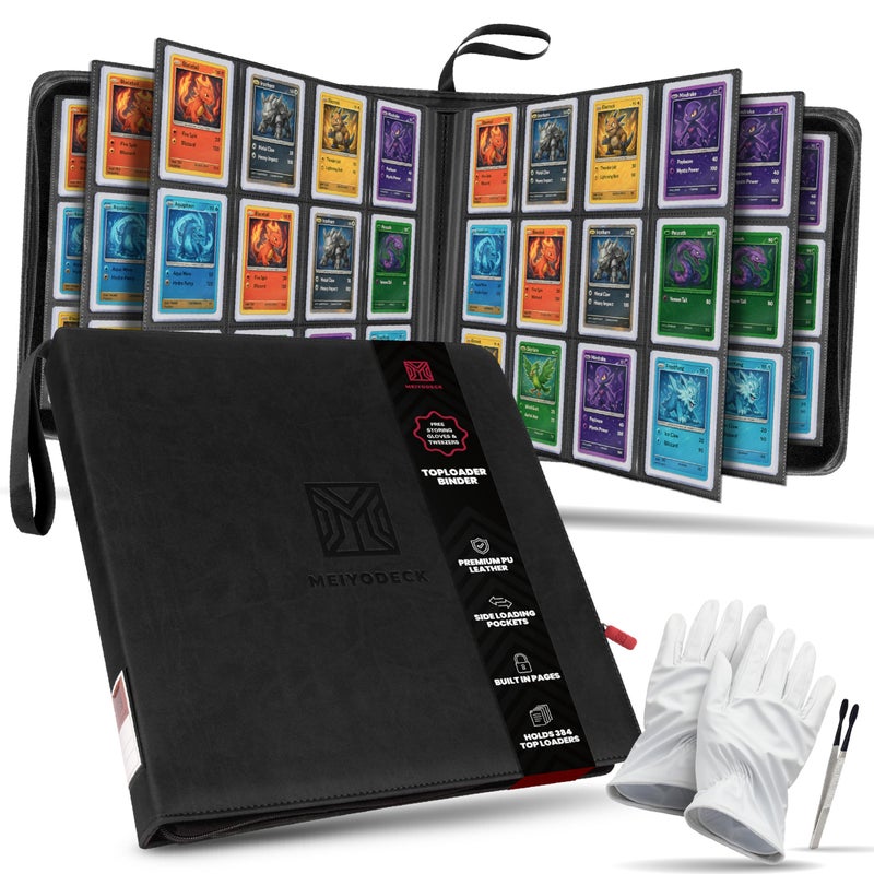 MEIYODECK Toploader Binder | Holds 384 Toploaders | 12-Pocket | Ringless Double-Sided Pockets | Includes Collector Tweezers & Gloves | Premium Top Loader Binder for Trading Cards, Pokemon, Yu-Gi-Oh & TCG - Image 1