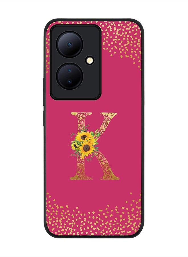 Stylizedd Rugged Black edge case for Vivo V29 Lite Case Cover- Custom Monogram Initial Letter Mandala Floral Pattern Alphabet- K (Deep Pink rose) - Image 1