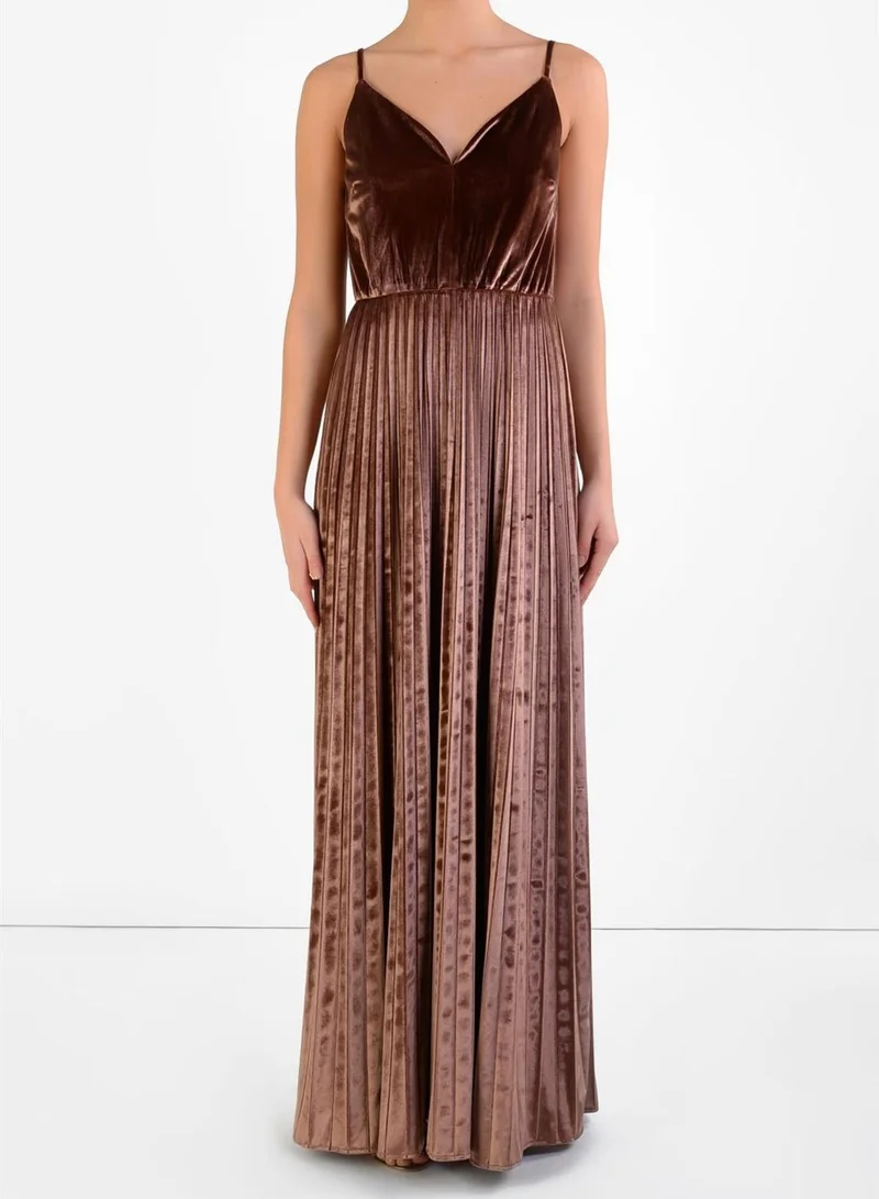 True Decadence Gwen Copper Velvet Pleated Velvet Maxi Dress
