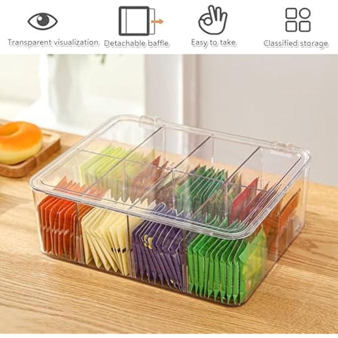 Goodern Tea Bag HolderClear Tea Bag Organizer With Lid8 Compartment Tea Bag OrganizerFood Storage ContainerMultiPurpose Storage Box For Tea BagsCosmeticsOffice SuppliesCraftsSmall Items - Image 3