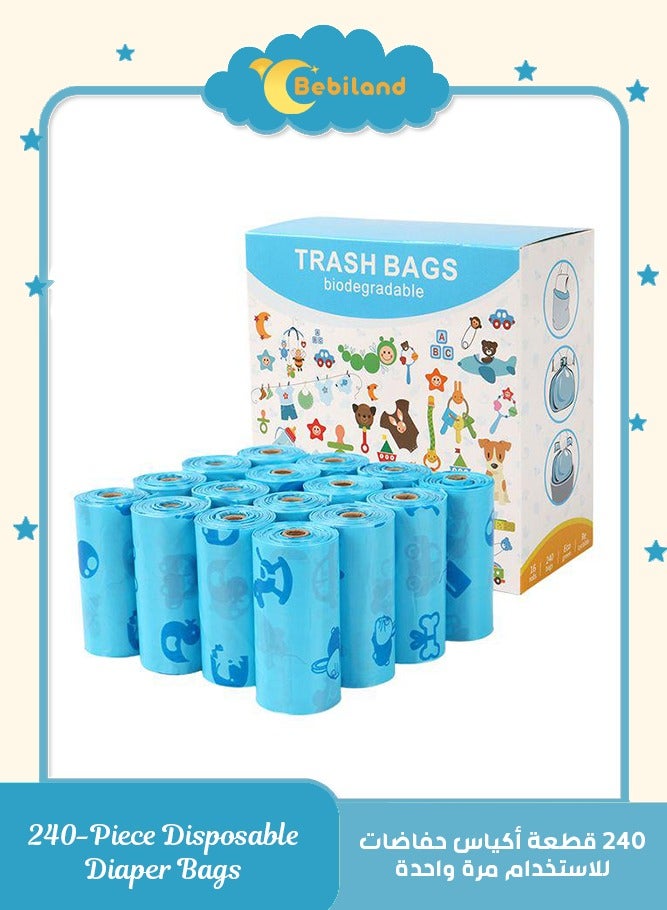 Bebiland 240-Piece Disposable Diaper Bag Refills with Cute Cartoon Pattern, Safe and Odour Control Biodegradable Baby Nappy Sacks for Collecting Nappies and Garbage, Blue - Image 1