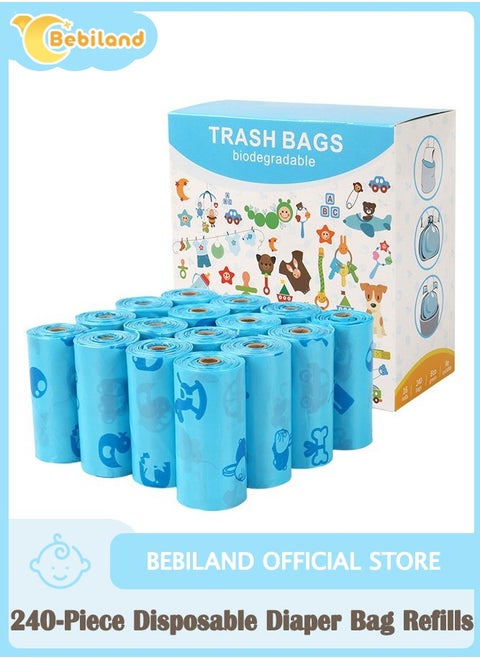 240-Piece Disposable Diaper Bag Refills with Cute Cartoon Pattern, Safe and Odour Control Biodegradable Baby Nappy Sacks for Collecting Nappies and Garbage, Blue