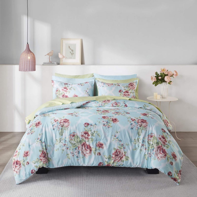 Comfort Spaces Comfort Spaces Bed in A Bag  Trendy Casual Design Cozy Comforter with Complete Sheet Set with Side Pocket All Season Cover Matching Shams Full Natalie Floral Blue 9 Piece 