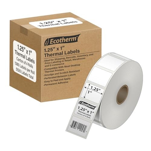 Ecotherm 1.25" x 1" Thermal Labels | 4 Rolls | 5520 Labels | fits Zebra, Godex, Arkscan, iDPRT, Offnova Thermal Label Printers and More | Blank White Adhesive Stickers by Ecotherm - Image 1