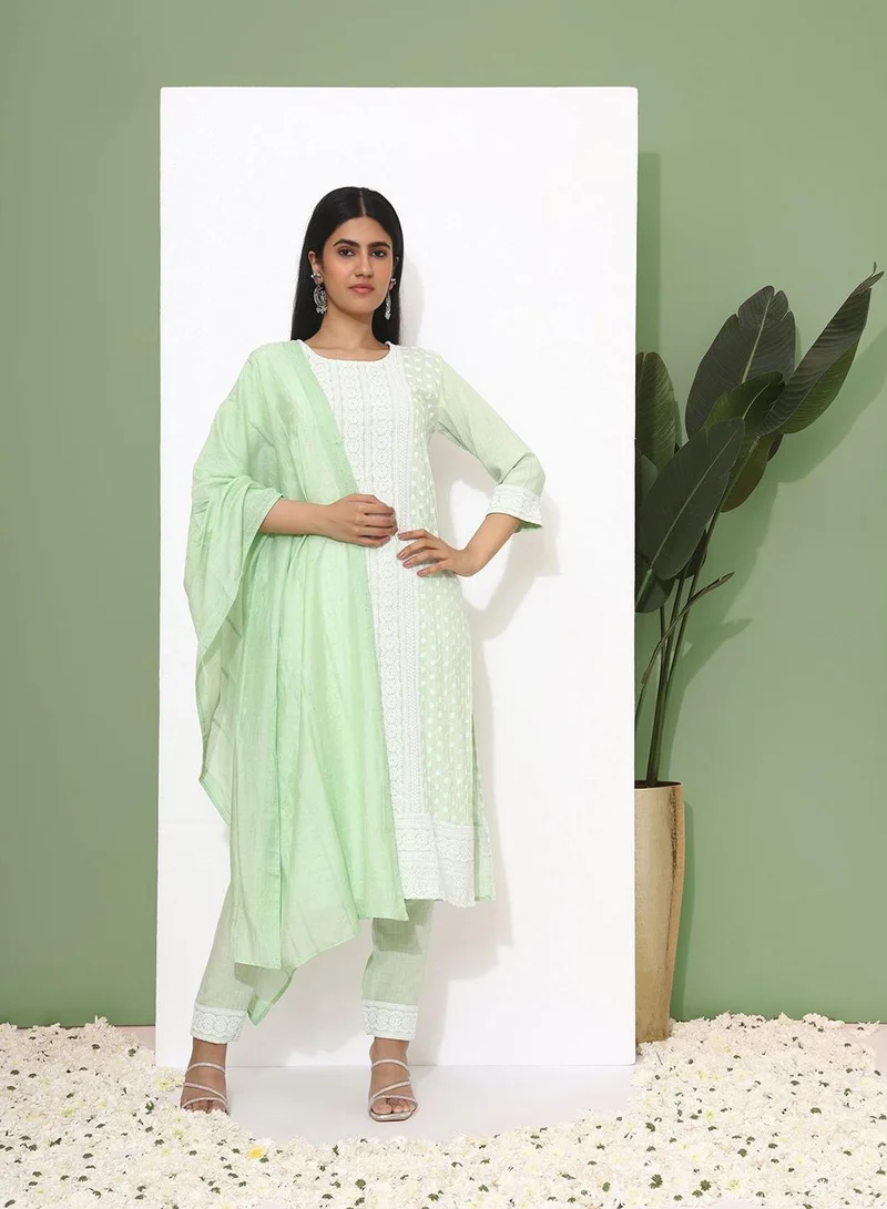 آي شين Women's Green Rayon Printed Tunic Full Length Casual Regular Fit Kurta Set