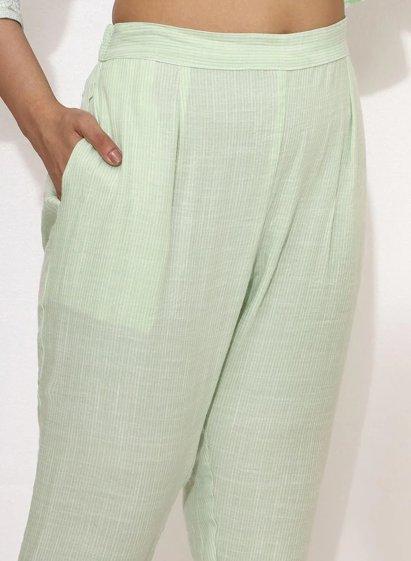 آي شين Women's Green Rayon Printed Tunic Full Length Casual Regular Fit Kurta Set