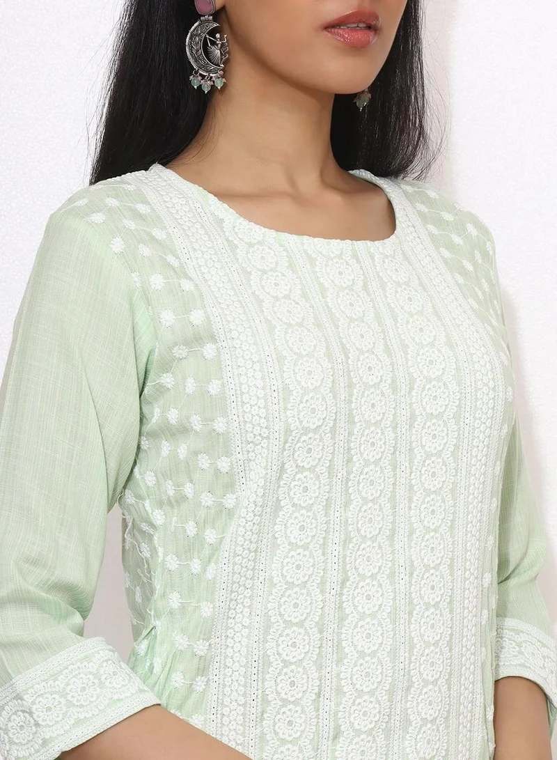 آي شين Women's Green Rayon Printed Tunic Full Length Casual Regular Fit Kurta Set