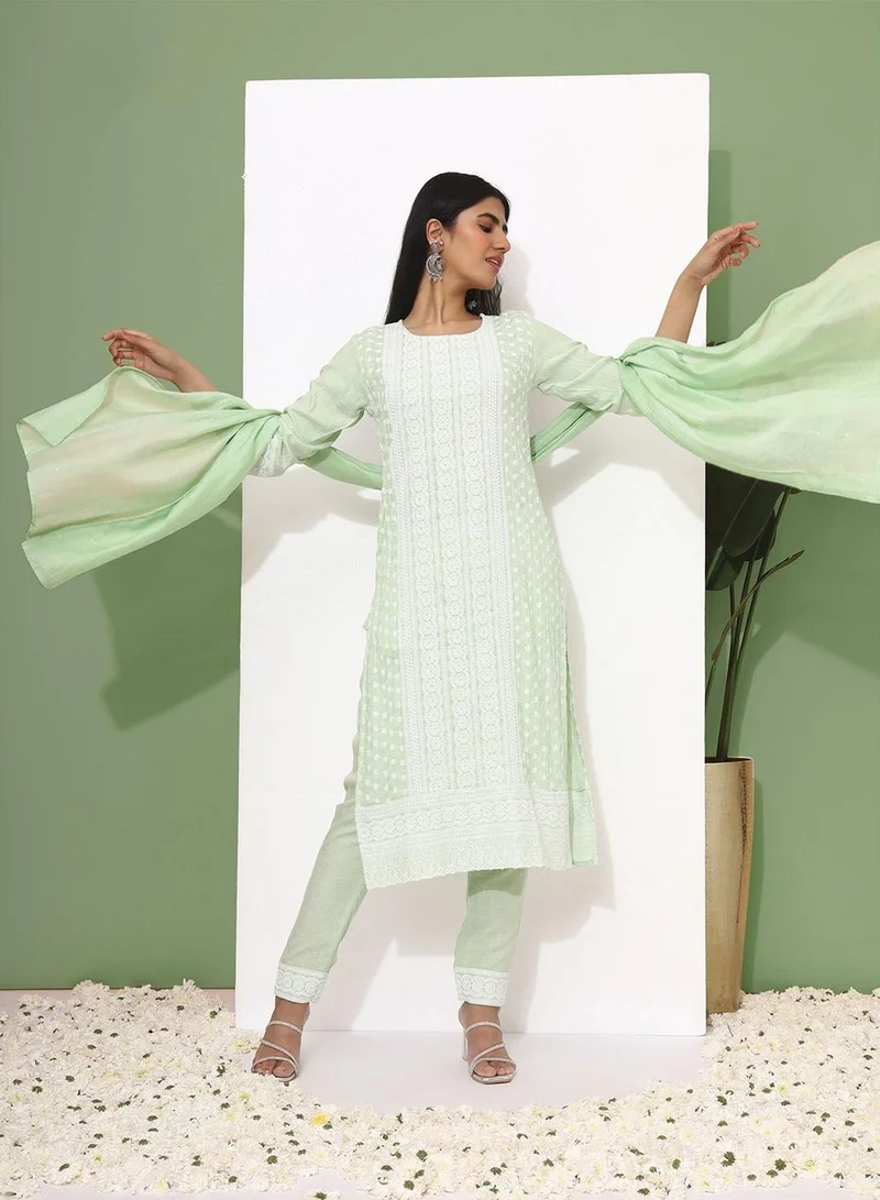 آي شين Women's Green Rayon Printed Tunic Full Length Casual Regular Fit Kurta Set