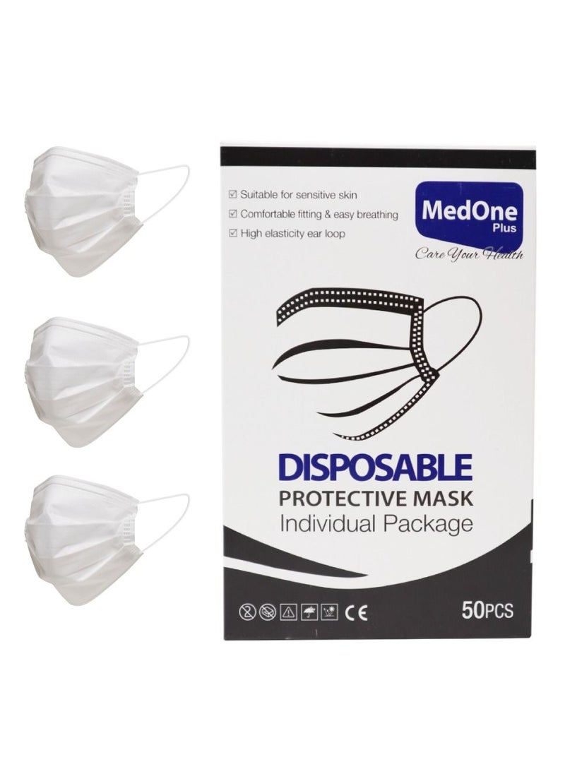 MedOne 50-Pieces 3 Ply Disposable White Face Mask For Adults Individually Packed  - Image 1