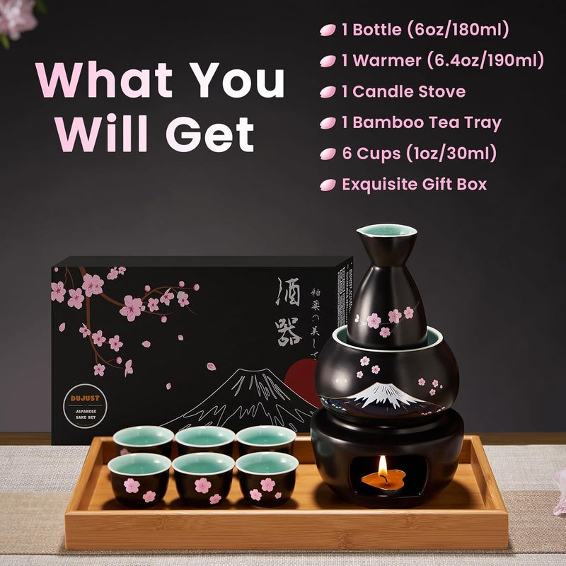 DUJUST 10 pcs Japanese Sake Set with Warmer for 6, Sakura & Fuji Design Porcelain Sake Set, 6 Sake Cups, 1 Bottle, 1 Warmer, 1 Candle Stove, 1 Tray & 1 Box, Warm Sake Carafe, Japanese Gifts - Black - Image 5