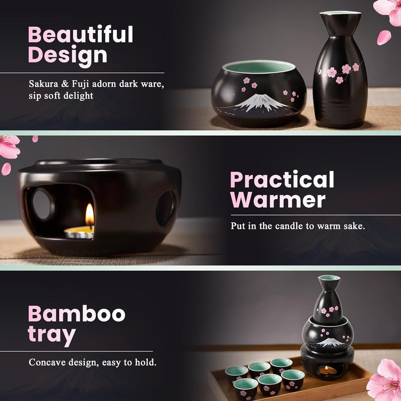 DUJUST 10 pcs Japanese Sake Set with Warmer for 6, Sakura & Fuji Design Porcelain Sake Set, 6 Sake Cups, 1 Bottle, 1 Warmer, 1 Candle Stove, 1 Tray & 1 Box, Warm Sake Carafe, Japanese Gifts - Black - Image 3