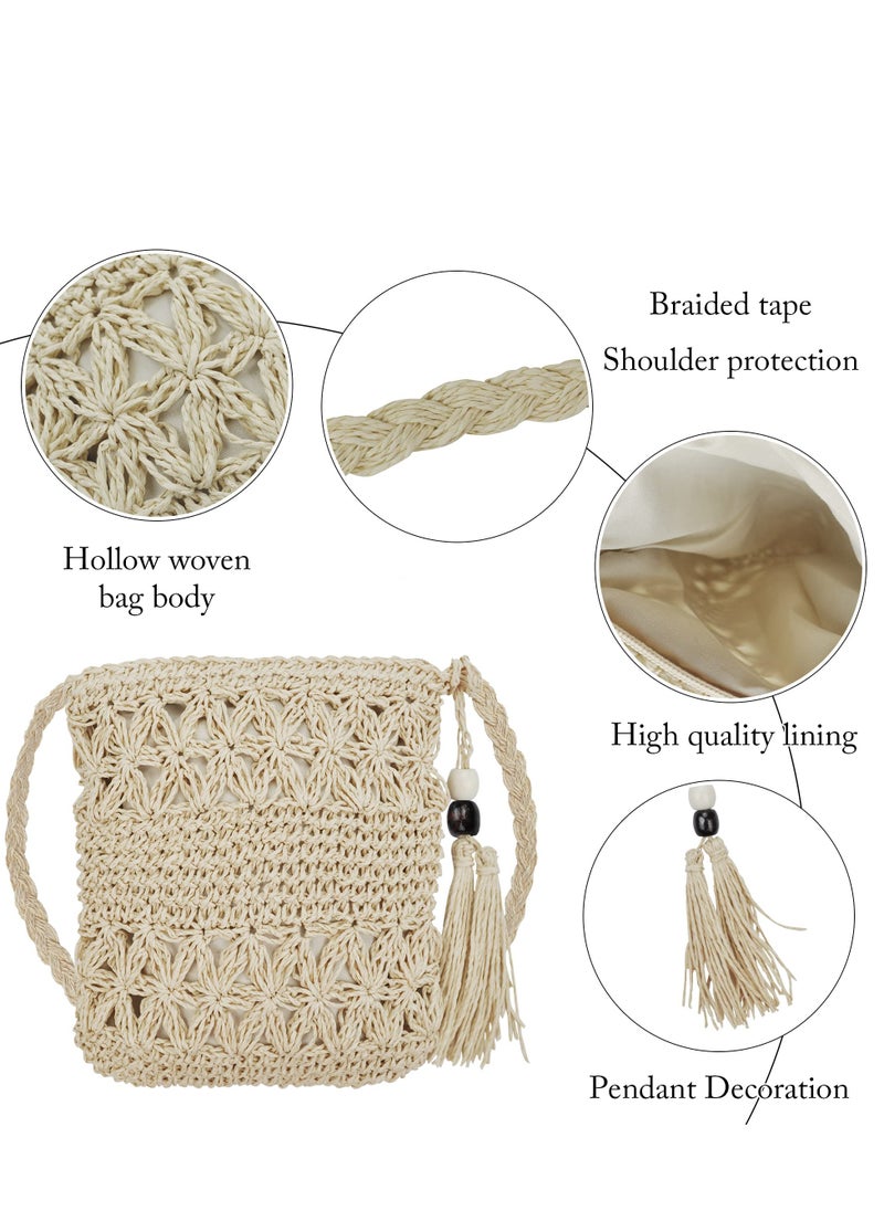 Excefore - Straw Bags, for Women Summer Straw Beach Shoulder Bags Handbags Light Hand-woven Crossbody Tassel Bohemian Bags With Zipper for Purse Travel Holiday and Daily Use - Image 1