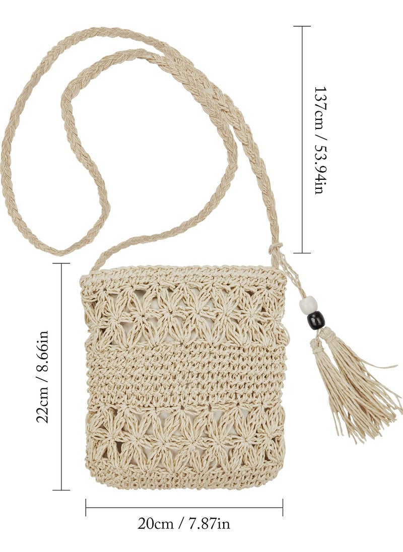 Excefore - Straw Bags, for Women Summer Straw Beach Shoulder Bags Handbags Light Hand-woven Crossbody Tassel Bohemian Bags With Zipper for Purse Travel Holiday and Daily Use - Image 1