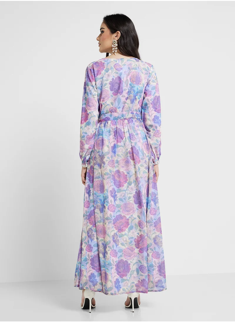 كشخة Floral Print Dress with Beads and Stonework (AM377)