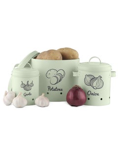 Potato Onion Garlic Storage Canisters (Set Of 3) Keeper Canister Tin Containers For Potatoes Onions And Garlic Vintage Look Mint Green