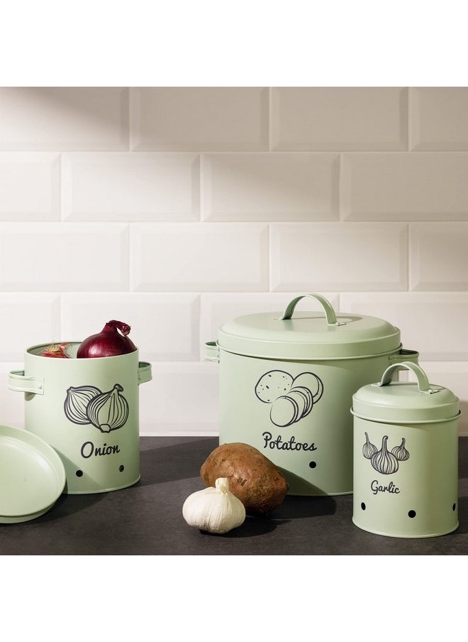 Navaris - Potato Onion Garlic Storage Canisters (Set Of 3) Keeper Canister Tin Containers For Potatoes Onions And Garlic Vintage Look Mint Green - Image 1