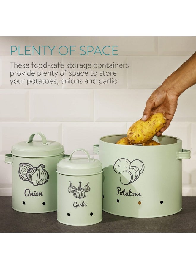 Navaris - Potato Onion Garlic Storage Canisters (Set Of 3) Keeper Canister Tin Containers For Potatoes Onions And Garlic Vintage Look Mint Green - Image 1