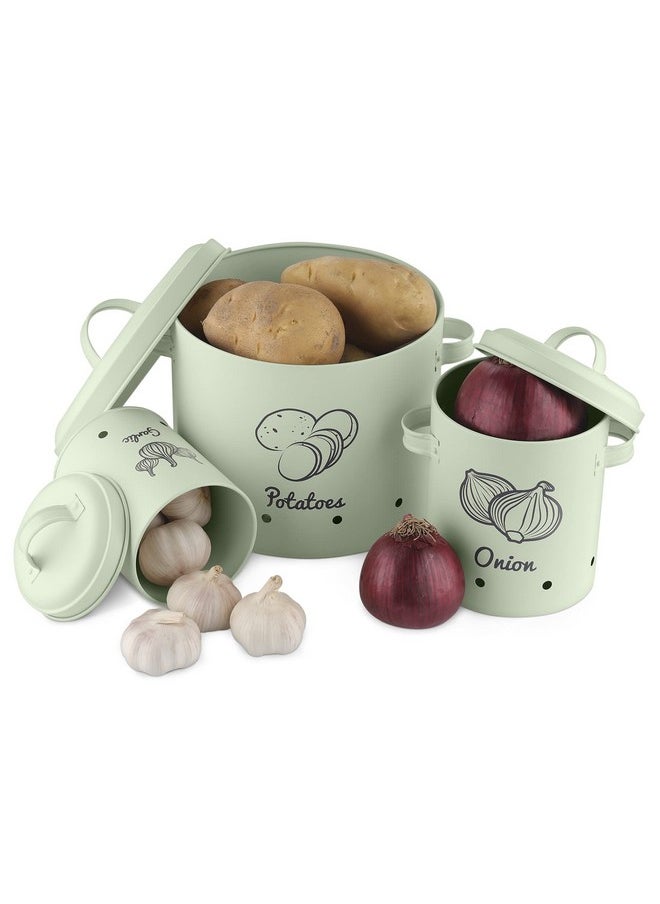 Navaris - Potato Onion Garlic Storage Canisters (Set Of 3) Keeper Canister Tin Containers For Potatoes Onions And Garlic Vintage Look Mint Green - Image 1