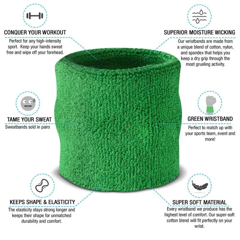 Suddora Wrist Sweatbands, Absorbent and Breathable Thick Cotton Bands for Working Out, Gymnastics, Basketball, Tennis, and Football, Multiuse Wristbands for Costumes and Cosplay (Pair) (Green) - Image 2