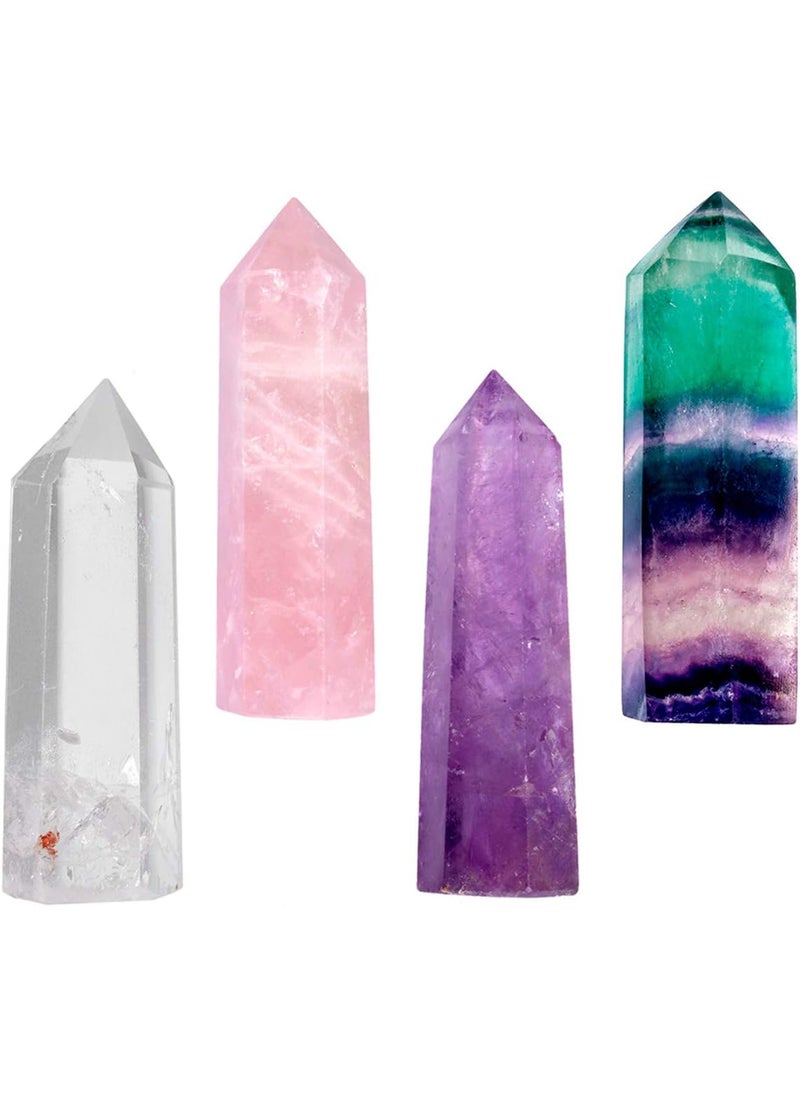 mookaitedecor mookaitedecor 4 PCS Healing Crystal Wands Single Point 2" Amethyst, Rock Quartz, Rose Quartz, Rainbow Fluorite 6 Faceted Reiki Stone for Meditation Therapy Decor 