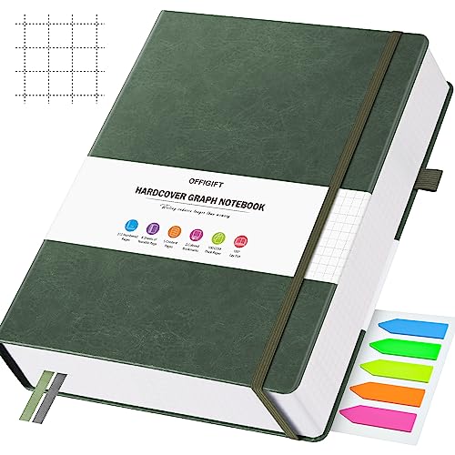 OFFIGIFT Graph Paper Notebook, 312 Numbered Pages B5 Hardcover Leather Journal, 100gsm No Bleed Grid Paper Notebook with Index Pages, Grid Notebook for Graphing Notes Math, 7.6'' X 10'', Green - Image 1