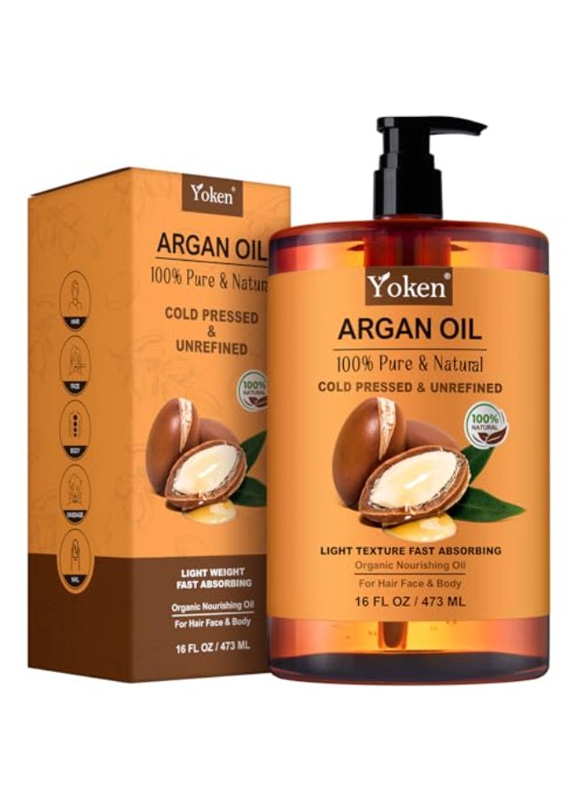 Yoken Pure Argan Oil 16 fl oz 100 Natural Cold Pressed Argan Oil for Hair Face Skin Scalp Body Care Origin from Morocco Unrefined Fast Nourishing Hair Oil Skin Moisturizer Carrier Oil - Image 1