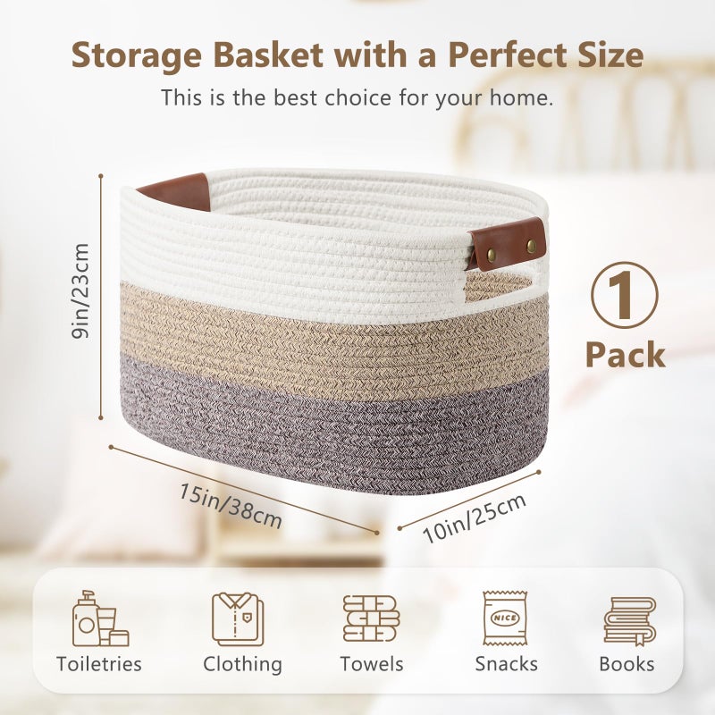 ECDYQXVU Cotton Rope Basket, Storage Baskets with Handle, 15x10x9 Inch Woven Basket for Shelves, Laundry, Towels, Clothes, Books, (Gradient Brown 1 Pack) - Image 3