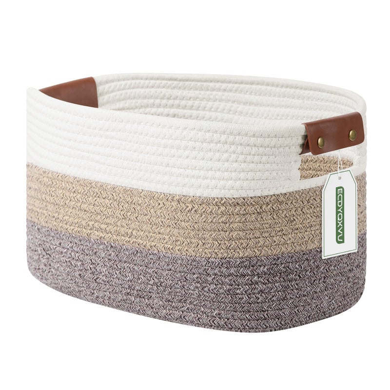 ECDYQXVU Cotton Rope Basket, Storage Baskets with Handle, 15x10x9 Inch Woven Basket for Shelves, Laundry, Towels, Clothes, Books, (Gradient Brown 1 Pack) - Image 1