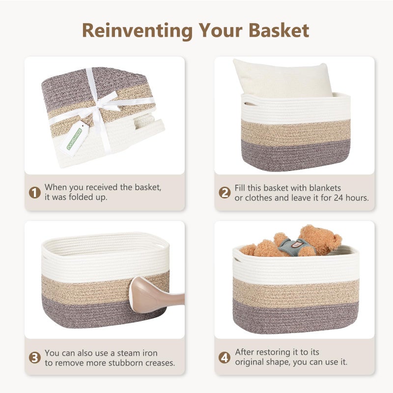 ECDYQXVU Cotton Rope Basket, Storage Baskets with Handle, 15x10x9 Inch Woven Basket for Shelves, Laundry, Towels, Clothes, Books, (Gradient Brown 1 Pack) - Image 4