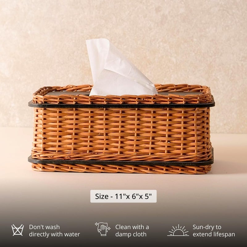 Peepul Tree Willow Wicker Wooden Tissue Box with Detachable Lid | Handmade Napkin Holder | Gifting for Diwali, Christmas, Housewarming | Brown - Image 2