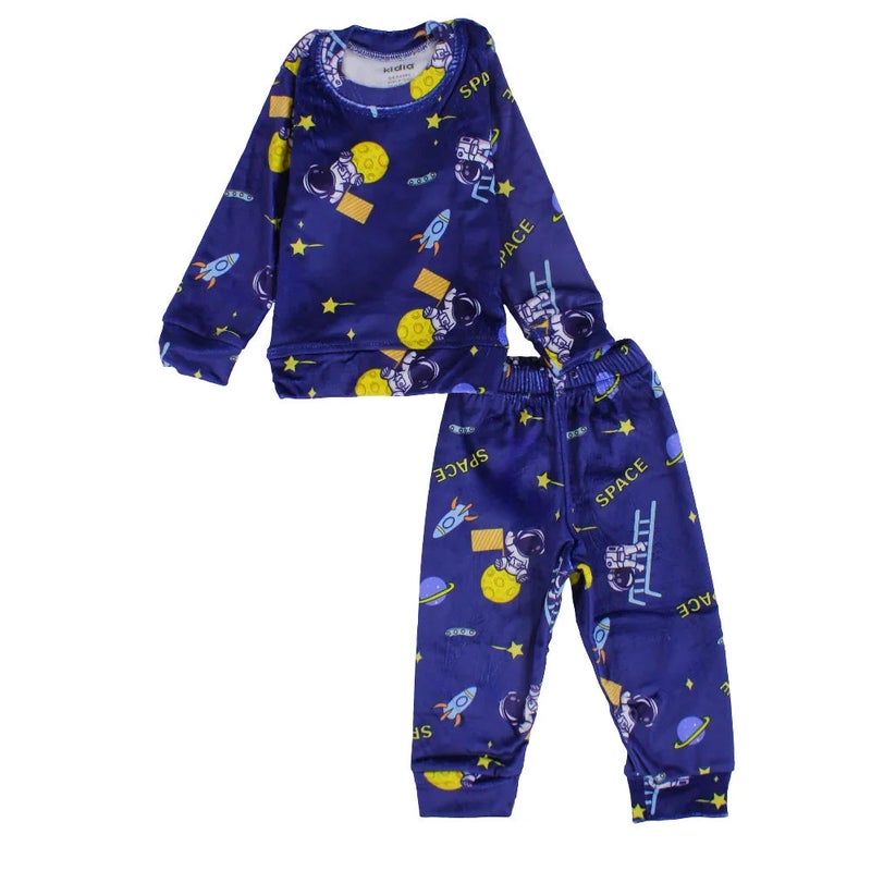 Kidia Baby Boys Velvet Thermal set - Blue with Astronaut Print - Image 1