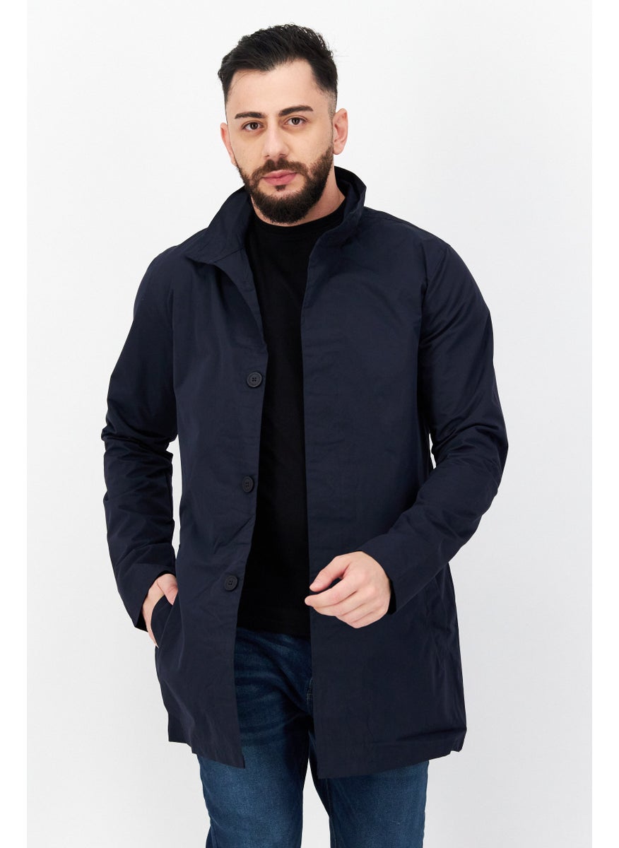 French Connection Men High Neck Long Sleeve Plain Jacket Shirt, Navy Blue  - Image 1