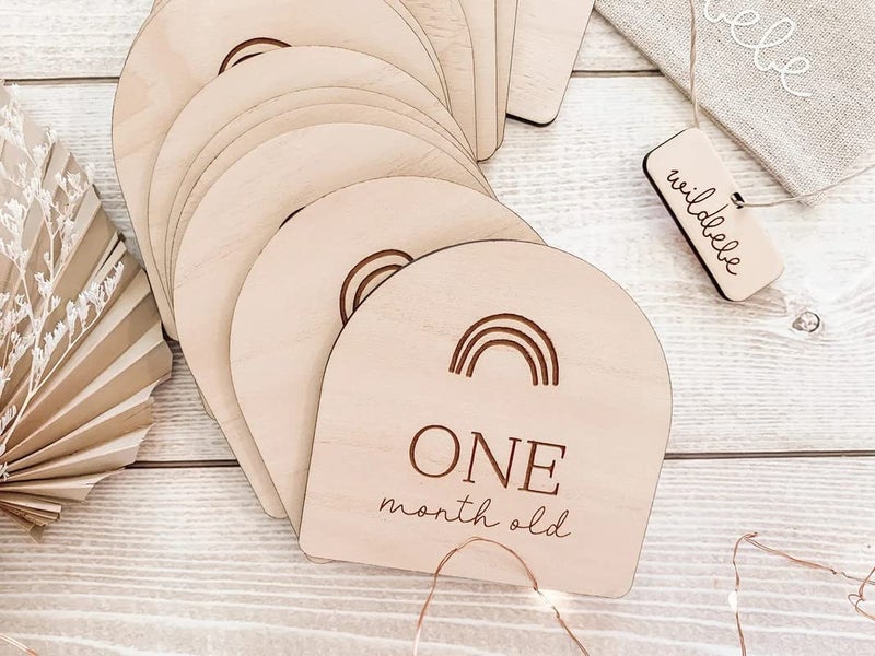 Cliths Pack of 12 pcs Wooden Baby Milestone Cards. Boho Rainbow Baby Milestone Plaques. Milestone Discs. Baby's First Year. Baby Keepsake(Bag not Include) - Image 2