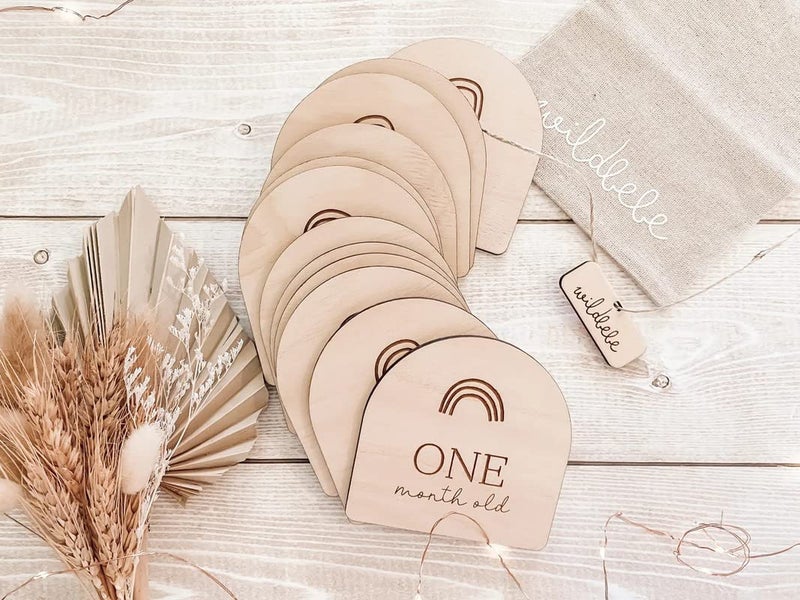 Cliths Pack of 12 pcs Wooden Baby Milestone Cards. Boho Rainbow Baby Milestone Plaques. Milestone Discs. Baby's First Year. Baby Keepsake(Bag not Include) - Image 3