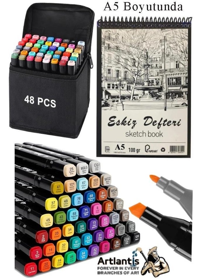 Artlantis Sketchbook A5 50 Sheets 100 gr 1 Piece 48 Colors Double Sided Marker Pen 48 Pieces Touch Double Ended  - Image 1