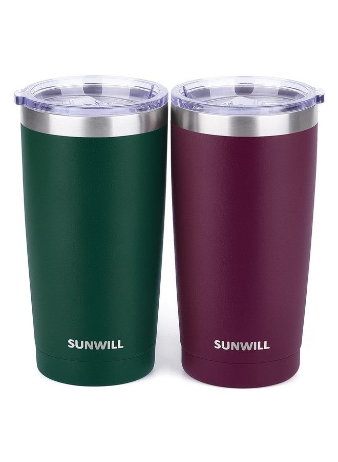 SUNWILL Travel Coffee Mug with Lid, 20 oz Tumbler Set of 2, Insulated Stainless Steel Cup for Drinks， Water, Tea, Powder Coated Forest Green & Plum - Image 1