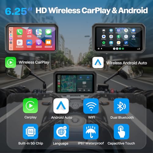 WonVon 6.25 Inch Wireless Motorcycle Carplay GPS Navigation System with Apple Carplay and Android Auto Portable Screen with Dual Bluetooth, Navigation, Siri, Google Assistant - Image 2