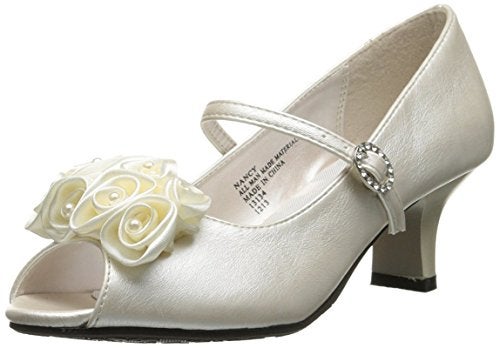 Swea Pea & Lilli Girl's Peep Toe Dress Shoe with Satin Flowers Ivory 13 - Image 2