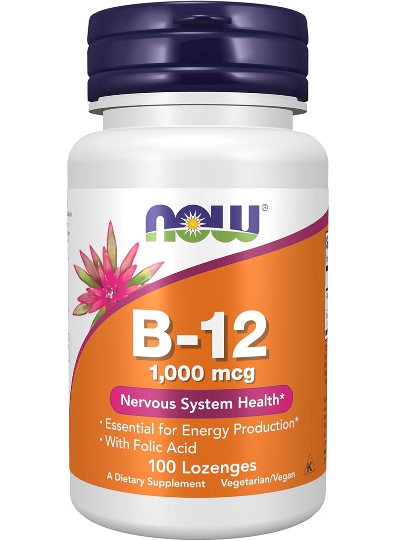 now Supplements, Vitamin B-12 1,000 mcg with Folic Acid, Nervous System Health*, 100 Chewable Lozenges - Image 1