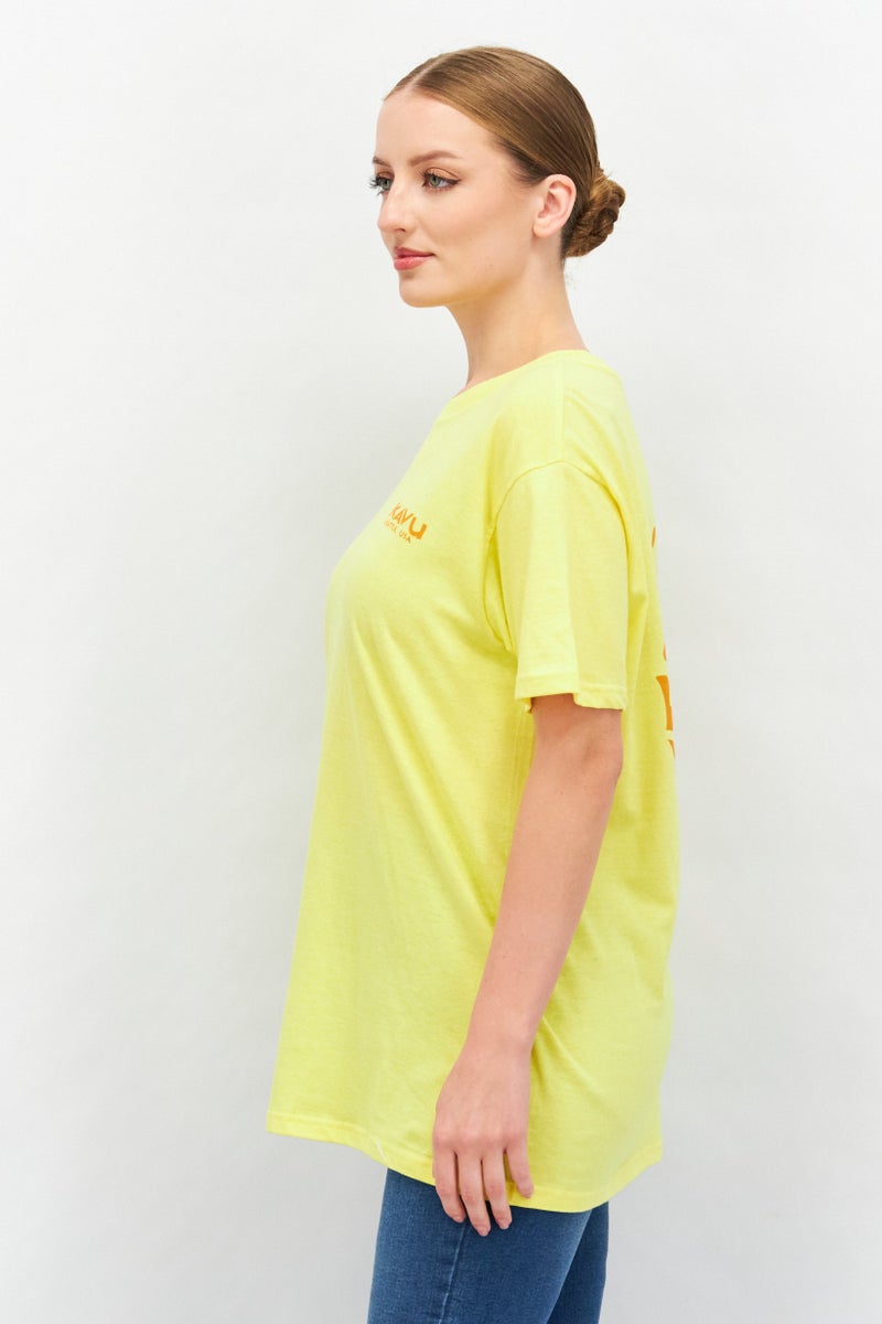KAVU Women Round Neck Short Sleeves Embroidered Logo T-Shirt, Yellow - Image 3