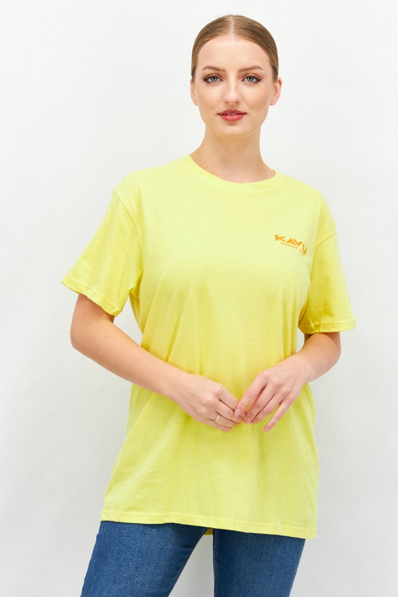 KAVU Women Round Neck Short Sleeves Embroidered Logo T-Shirt, Yellow - Image 1