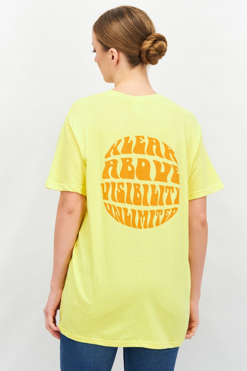 KAVU Women Round Neck Short Sleeves Embroidered Logo T-Shirt, Yellow - Image 2
